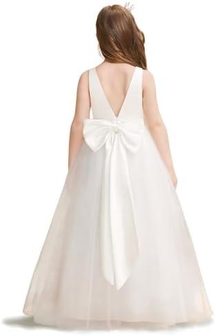 GELOMARI Satin Flower Girl Dress V-Back First Communion Girls Dresses White Maxi Ball Gown for Wedding Party with Bow-Knot Size 160