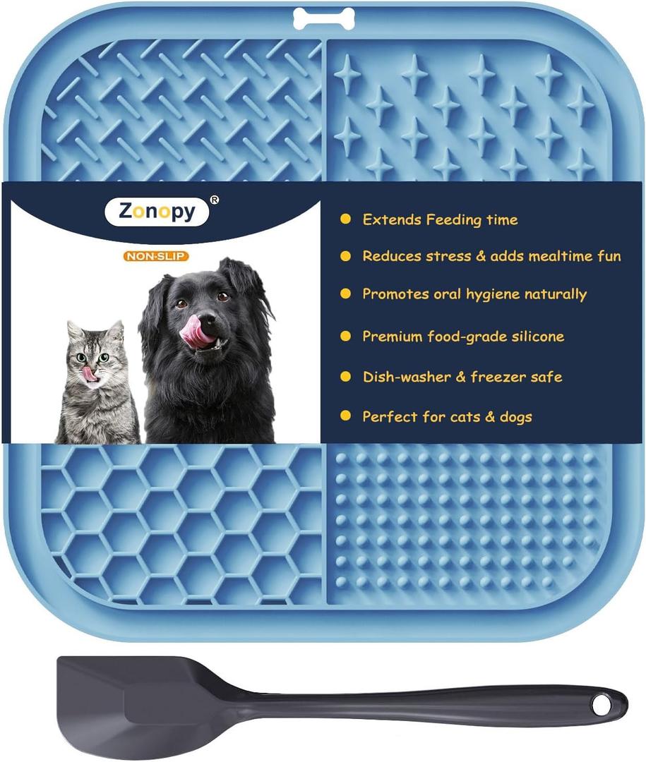 Licking Mat for Dogs & Cats with Suction Cups, 1 Pack Square Dog Slow Feeder Lick Pat for Anxiety Relief & Boredom, Dog Toys to Keep Them Busy, Pets Bathing Training Grooming Mat (Blue)