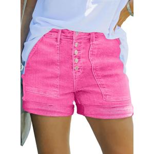 Sidefeel Womens Jean Shorts High Waisted Stretchy Buttoned Folded Hem Zimba platinum Denim Shorts (Hot Pink, Size 4)