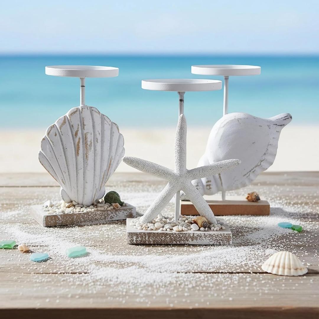 Nautical Tealight Candle Holder, Seashell Stand, Sea-Themed Tabletop Display for Wedding, Beach Wedding Decorations, Coastal Cottage Decor, Set of 3