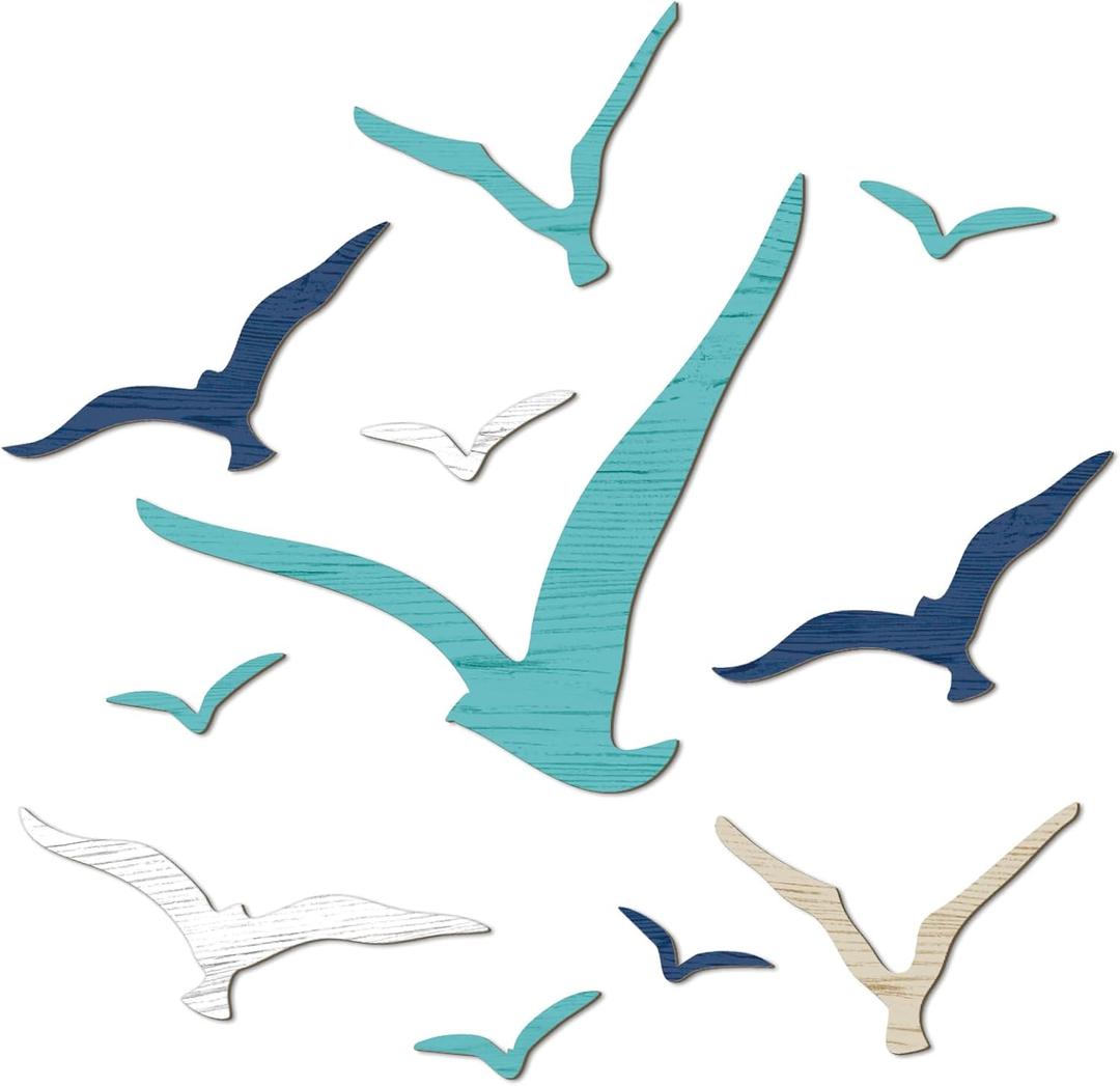 Wesiti 11 Pcs Wooden Seagull Wall Decor Nautical Theme Beach Coastal Art Adhesive Seagull Sea Birds Wall Decor Sculpture Vintage Ornaments for Home Bathroom(Brown Blue White)