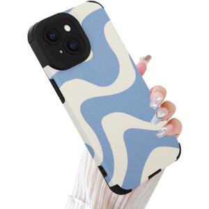Case for iPhone 15 Plus Wave Pattern Case Soft TPU Bumper PU Leather Cover Cute Zebra Designed for Female Girls - Blue White