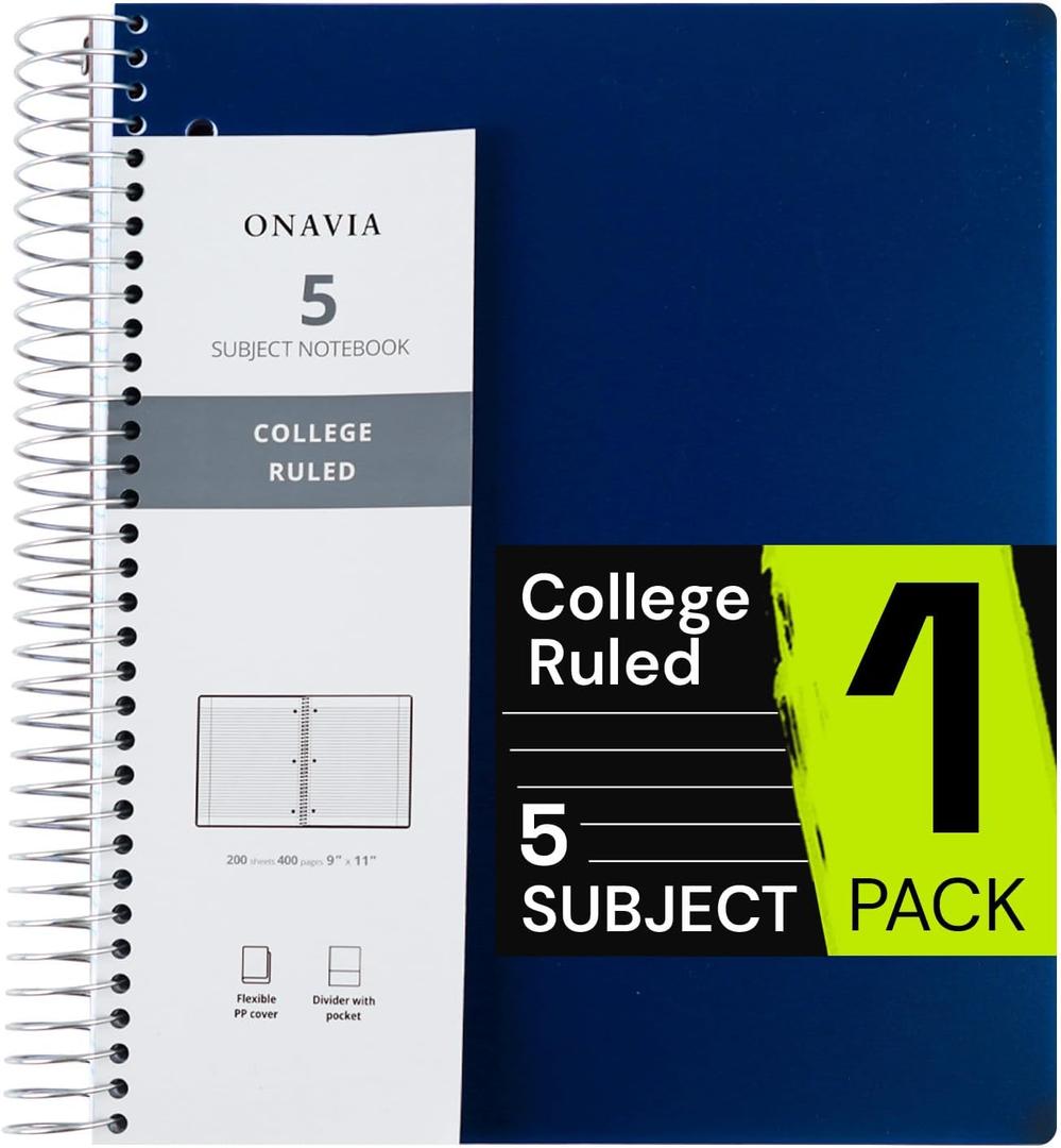 Spiral Notebook for School, 5 Subject, College Ruled Paper, 200 Sheets, 9" x 11", 5 Dividers with Pockets, 3 Hole Punched Perforated, Plastic Cover, Lined Journal, School Supplies,Prussian Blue