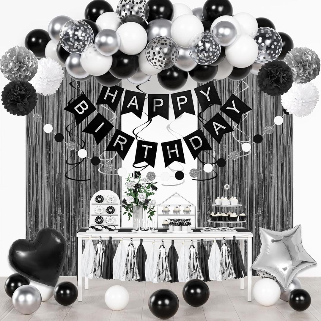Black and White Birthday Party Decorations, Black Metallic Silver Confetti Balloons Happy Birthday Banner Fringe Curtains Hanging Swirls Circle Dots Paper Tassels Pompoms for Men Boys Party Supplies