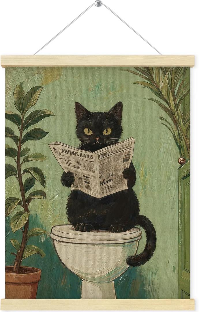 2 x QEJ Funny Black Cat Bathroom Wall Art Decor, Black Cat Bathroom Decor, Retro Green Botanical Kitten Reading Newspaper Canvas Poster Wall Decorations for Toilet Washroom Restroom, 12x16 Inch