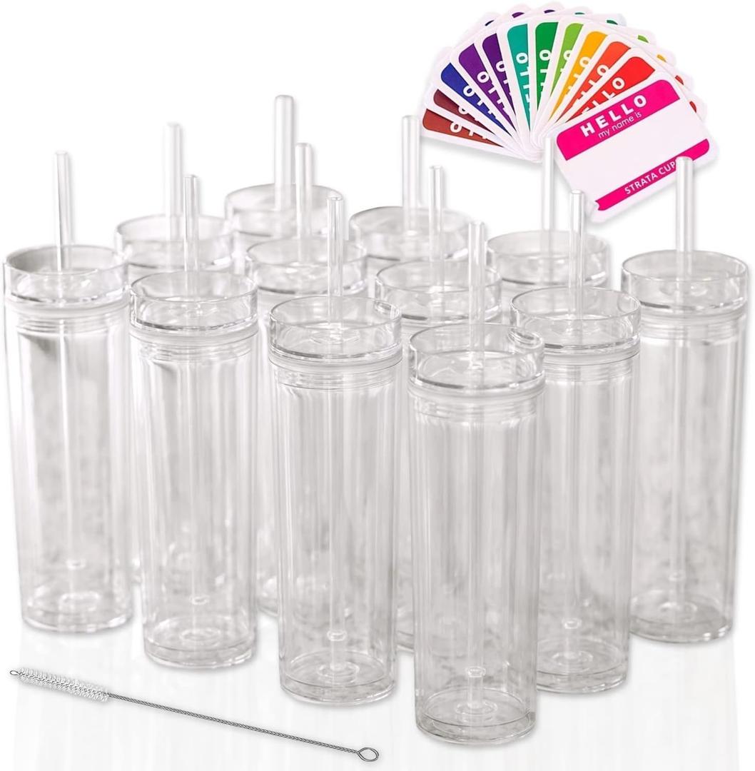 STRATA CUPS 12 Clear Skinny Tumblers with Lids and Straws | 16oz Reusable Cup Double-Wall Clear Tumbler with Lid and Straw, Durable Acrylic Tumblers With FREE Straw Cleaner & Name Tags