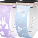 2 Packs Cartoon Engraved Band Compatible with Apple Watch Band, Women Two-Tone Cute Soft Silicone Sport Strap for iWatch, Size: 38/40/41/42mm(Series 10): 5.1"-7.5" (Lavender White/Sky Blue White)