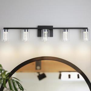 5-Light Black Bathroom Light Fixtures, Dimmable Vanity Light with Clear Glass Shade, Crystal LED Bathroom Lights Over Mirror for Bedroom, Living Room, Hallway, Farmhouse