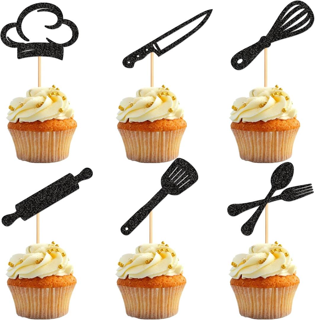 Ercaido 30 PCS Chef Theme Cupcake Toppers Picks Black Chef Hat Kitchen shovel Cupcake for Happy Father's Day Theme Men Birthday Party Cake Decorations Supplies Chef Black
