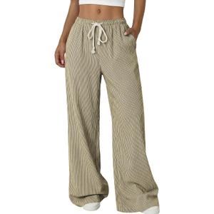 Acelitt Womens Wide Leg Palazzo Pants Casual Loose Lounge Pants Beach Trousers with Pockets (Medium, Z-coffee and White)