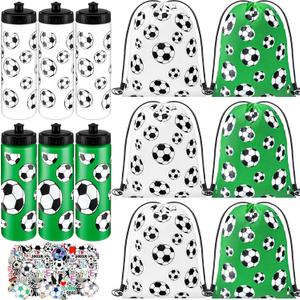 12 Pcs Soccer Water Bottles Soccer Drawstring Bag Set with 50 Sticker Soccer Party Favors 6 Reusable Sports Squeeze Water Bottles 20oz 6 Soccer Goodie Gift Bag for Soccer Team Gifts Players Lovers Gym