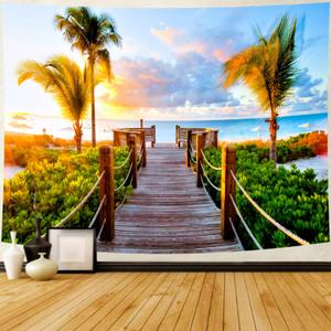 Delur Beach Sunset Tapestry Tropical Seaside Palm Tree Coastal Tapestry Wall Hanging Sunrise Nature Landscape Scenic Psychedelic Headboard for Bedroom Living Room Home Decor (51.2" x 59.1")