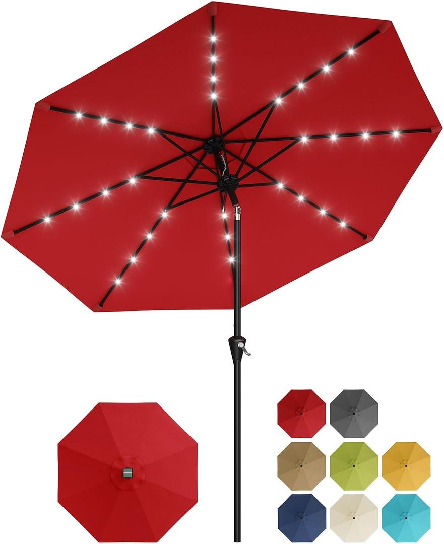 Garvee 10FT Solar Patio Umbrella with 32 LED Lights - Outdoor Table Umbrella with Crank Lift, Push Button Tilt and 8 Sturdy Ribs - Market Umbrella UV Protection for Pool, Deck, Yard, Garden - Red