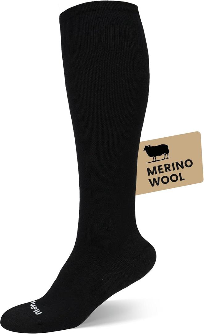 HAPIU Merino Wool Easy On Compression Socks for Women & Men, 15-20 mmHg, Plus Size Knee High Stocking for Nurses, Pregnancy, Travel, Flight, Medias de Compresin Mujer (Medium-Large, Black)