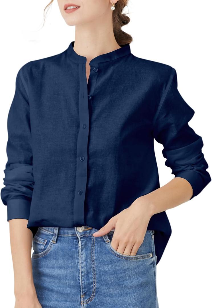 Women's Mandarin Collar Button-Down Shirts Casual Cotton Long Sleeve Blouses (XX-Large, 00057_ Navy Blue)