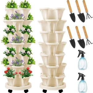 Umigy 2 Set of 7 Tier Vertical Planter Stackable Tower Planters Strawberry Herb Flower and Vegetable Pots Indoor Outdoor Gardening Pots with Removable Wheels and Tools(Beige)