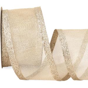 Ribbli Champagne Christmas Wired Ribbon, Metallic Wired Ribbon with Glitter Edge 2-1/2 Inch x 10 Yard for Christmas Tree Decoration, Gift Wrapping, Wreaths Supplies, Swag, Holiday Decor