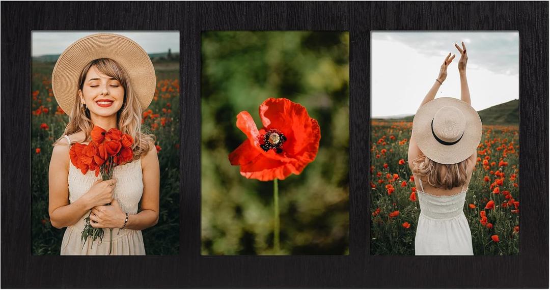 4x6 Collage Picture Frames, 3 Picture Frame 4x6, Rustic Black Wood Frame with Tempered Glass, 3 Opening 4 by 6 Photo Frame Wall Decor or Tabletop, 1 Pack