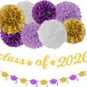 Purple White-Gold Party-Decorations Graduation Banner - 8pcs Kits Class of 2026 Cap Garland Streamers, Paper Tissue Pom Poms Flowers, Congratulations Grad Decor Lasting Surprise