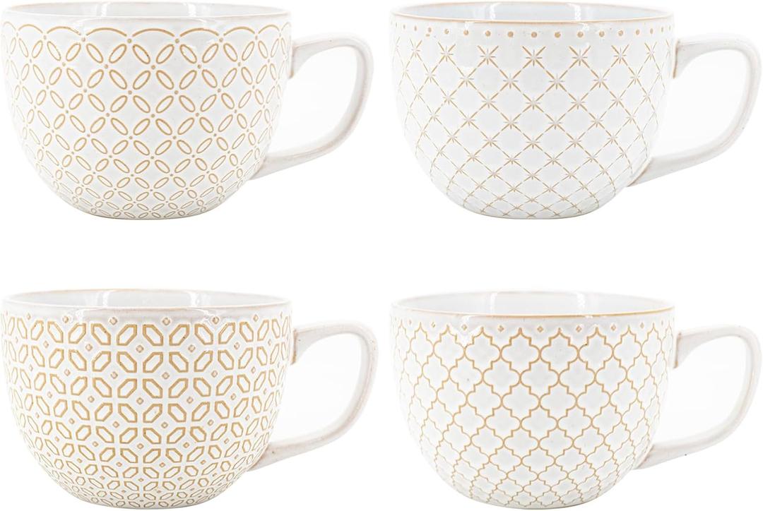 DOWAN 24oz Coffee Mug Set of 4, Large Soup Mugs, Vintage Embossed Mugs with Handle for Enjoying Coffee, Soup, Ramen, and Cereal at Home or in the Office