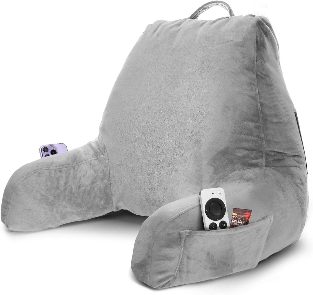 Nestl Reading Pillow with Shredded Memory Foam, Designed for Sitting Up in Bed and Couch, Back and Arms Adjustable Support for Adult & Teens Backrest Pillows for Reading with Washable Cover Light Grey