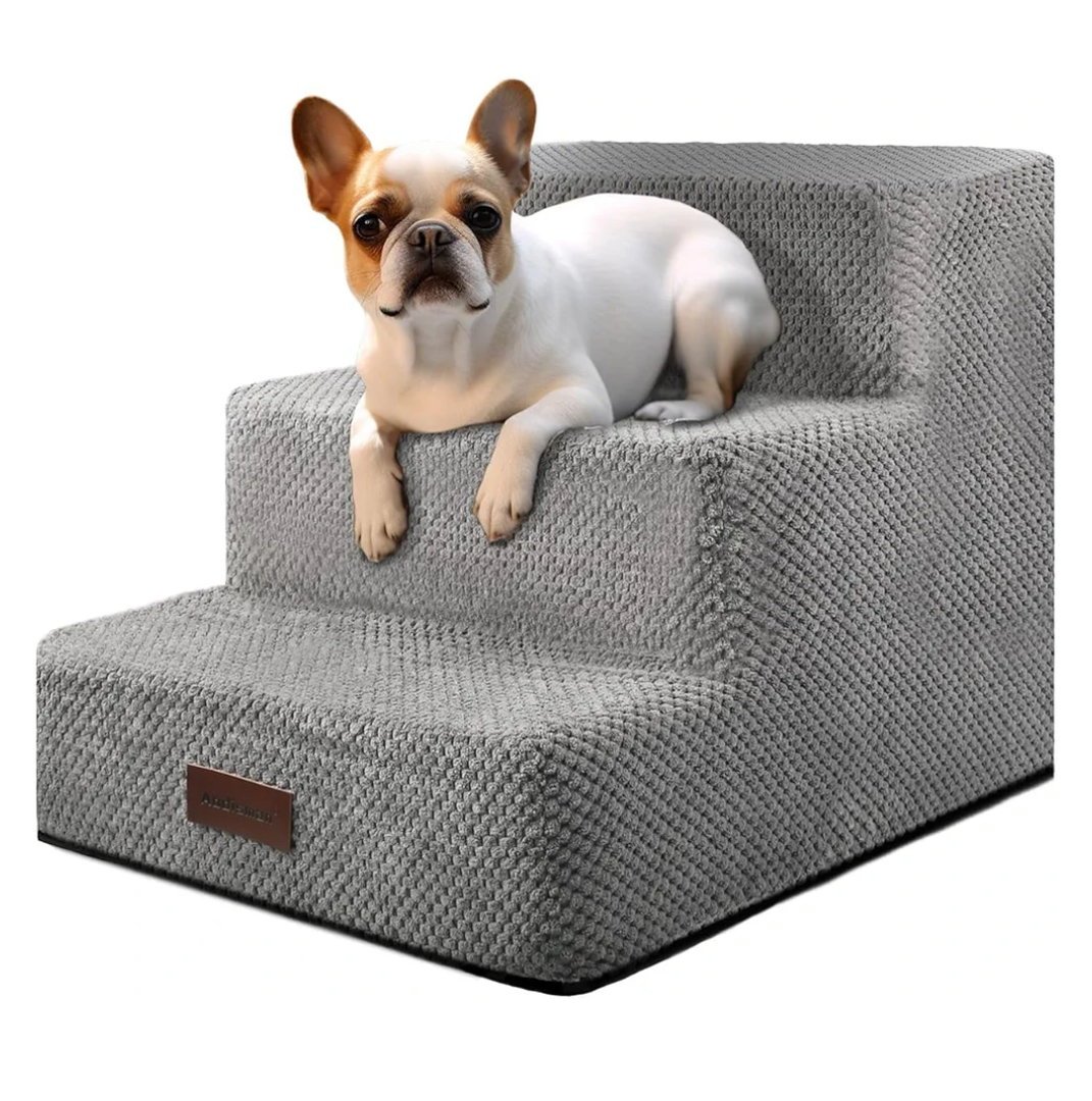 Dog Stairs for Small Dogs, 3-Step Non-Slip Pet Stairs for Couch Sofa and Chair, Dog Bed Stairs for Puppy, Older Cat,Grey,13.6" H