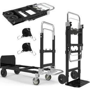 3 in 1 Heavy Duty Folding Hand Truck, Convertible Portable Steel Dolly with Telescopic Handle, Foldable Utility Cart with Rubber Wheels, 500 LBS (Black)