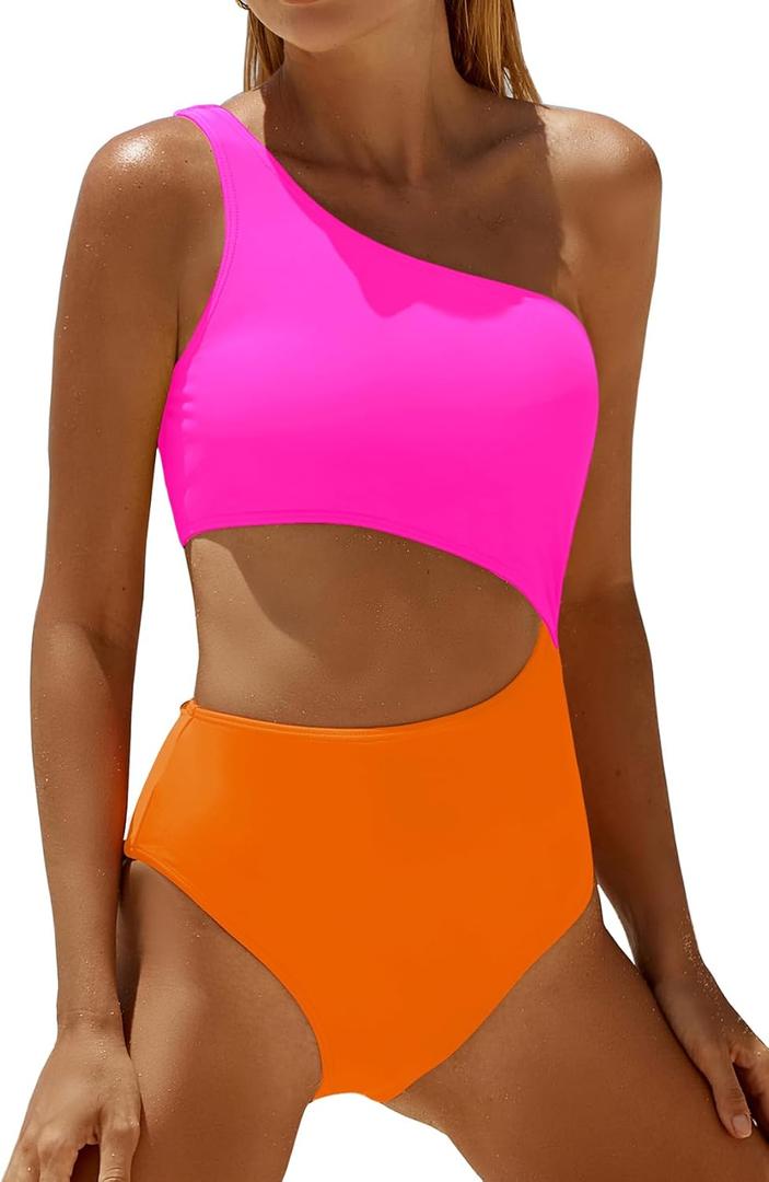 Women's One Piece Swimsuit- One Shoulder Bathing Suit Cutout Tummy Control Swimwear (Pink Orange)