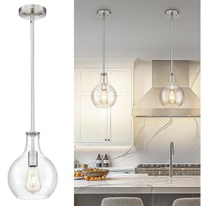 Emak Brushed Nickel Pendant Lights Kitchen Island, 8 Inch Glass Pendant Light Fixtures, Modern Hanging Lights for Kitchen, Bathroom, Bedroom, Dining Room, PL125-BN