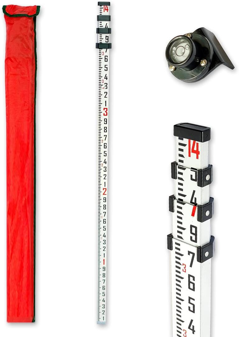 Survey Rod 14-Foot Aluminum Grade Rod - 10ths,Grade Rod,Grade Stick for Laser Level,Survey RodGrade Rods,Survey Pole,With Bubble Level, 4-Stage Telescopic,Double-Sided Scale Telescopic Leveling Rod