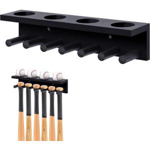 Weysat Baseball Bat and Ball Holder Wall Mounted Display Rack Can hold 4 sets of baseballs and bats, Wooden Storage Rack Stand Hanger Softball Storage Organizer (Black)