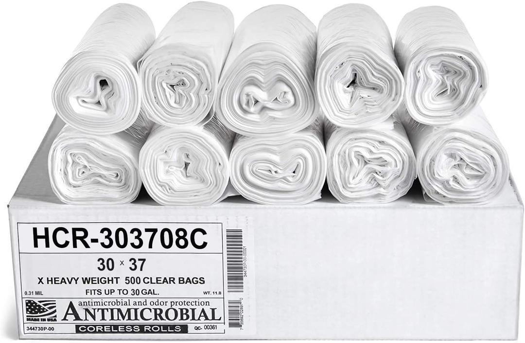 Aluf Plastics High Density Trash Bags, 30 Gallon, 500 Count, 8 Micron (eq), 30" x 37", Clear, for Bathroom, Office, Industrial, Commercial, Janitorial, Municipal, Recycling