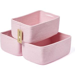 Small Storage Baskets for Organizing | Closet Organizer Bins | Shelf Toy Basket | Woven Rope Baskets | Cube Decorative Box | Shallow Basket | 13x8.5x5.1 | 3 Packs Pink