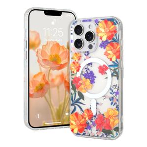 AIGOMARA Magnetic for iPhone 15 Pro Max Case [Compatible with MagSafe] Clear Floral Flower Pattern Design, Slim Anti-Yellowing Shockproof Phone Cover for Women Girls, Orange