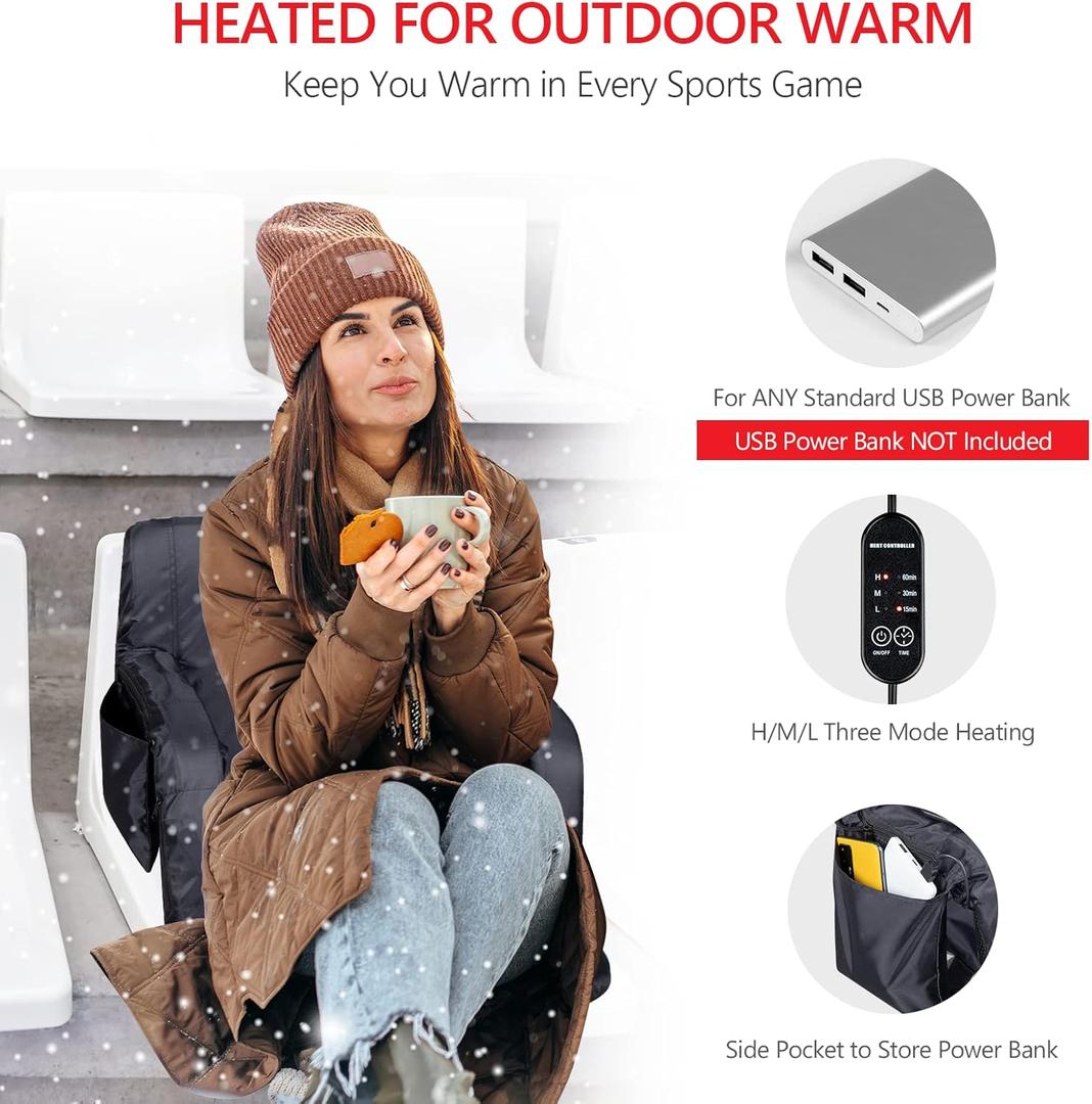 PEXMOR 2 Pack Heated Stadium Seats w/Back Support 3 Level Heating, 5 Reclining Positions Portable Bleacher Chair w/Cushion & Armrest, w/2 Pockets, Carrying Bag, No Battery