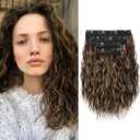 REECHO Clip in Hair Extensions - 4PCS 12" Short Curly Wavy Brown Hair Extensions with Invisible Lace Weft - Natural Soft Hairpieces for Women - Dark Brown with Highlights