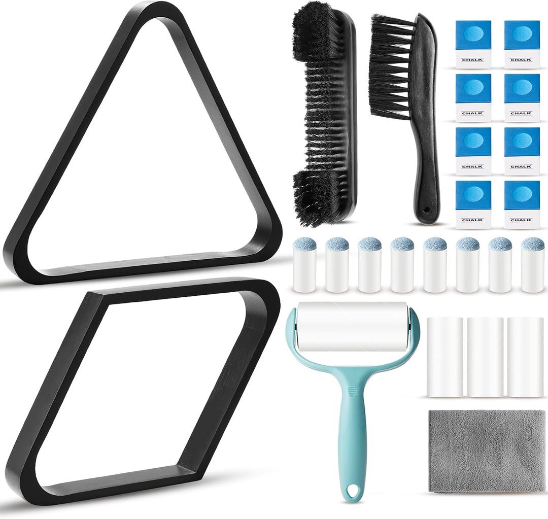 ShinyRelief 22 Pcs Pool Table Brush Set Wooden Billiard Rack 8 or 9 Ball Triangle Diamond for 2-1/4" Pool Ball with Polish Cloth Sticky Lint Roller Cue Chalk Cube Accessories (Black)