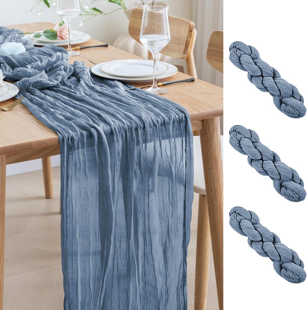 Asee'm 3pcs Cheesecloth Table Runner Spring Easter120 Inches Dusty Blue Boho Gauze Cheese Cloth Runner 10FT Rustic Sheer Table Runners for Centerpiece Wedding Baby Shower Decoration, 3 PACK