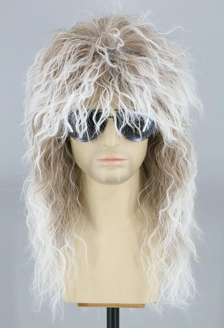Topcosplay 80s Mullet Wig for Men and Women Rock Disco Wigs Long Curly Brown Gradient White