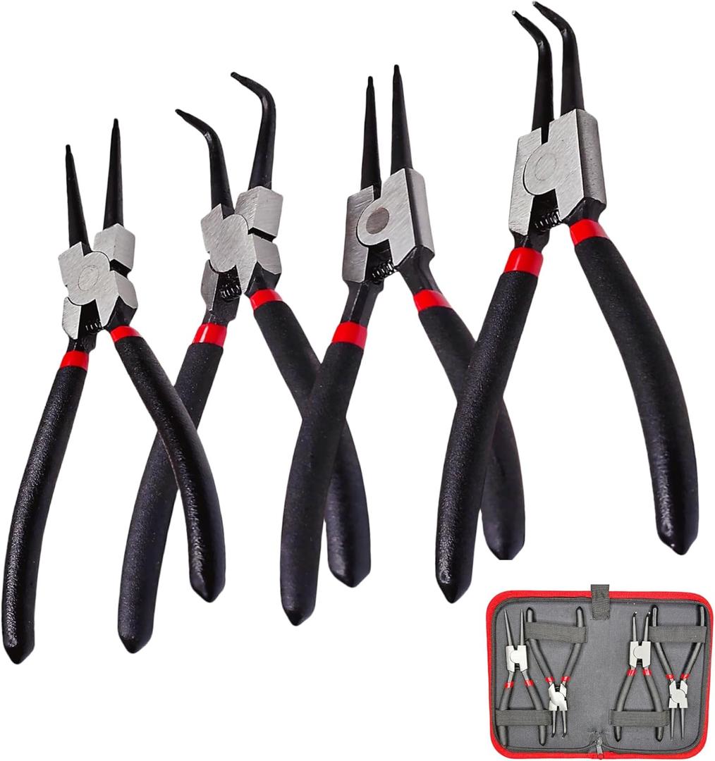 7 Snap Ring Pliers Set 4PC, Internal/External Circlip Pliers with Straight+Bent Jaws, Heavy Duty C Clamp Pliers & C Clip Removal Tool for Automotive Tools Professional Mechanics
