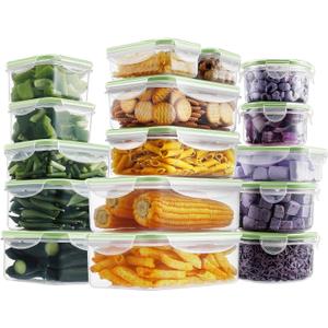 HOMBERKING 32 Pieces Food Storage Containers Set with Snap Lids (16 Lids + 16 Containers), Meal Prep Airtight Plastic Containers, BPA-Free Lunch Containers for Kitchen, Pantry, Home, Green
