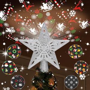 Christmas Tree Topper Lighted with 6 Pattern Projection Patterns, Christmas Star Tree Topper Built-in LED Rotating Lights, 3D Glitter Dynamic Projection for Christmas Tree Decor(Sliver) (Silver)
