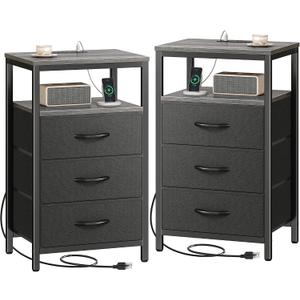 Huuger Nightstands Set of 2, 27.6 Inch End Tables with Charging Station, Fabric Drawers, Bedside Tables with USB Port and Outlet, Night Stands for Bedroom, Charcoal Gray, 11.8"D x 15.7"W x 27.6"H