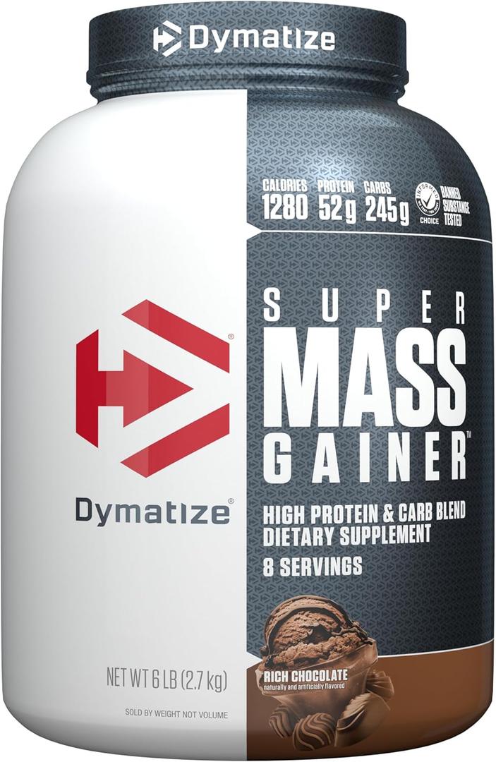 Dymatize Super Mass Gainer Protein Powder, Rich Chocolate, 52g Protein, 1g Creatine, 1280 Calories, 10.7g BCAAs, 245g Carbs, Contains Whey Protein Powder, Isolate, and Casein (8 Servings) (6 Pound (Pack of 1))
