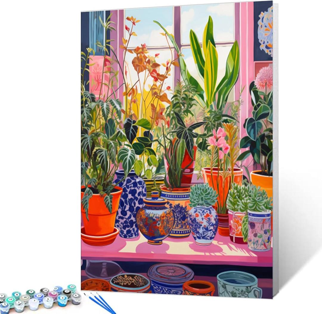 Colorful Array of Potted Plants Paint by Numbers for Adults Beginner Kids Window Sill Landscape Oil Painting Kit on Canvas with Brushes Acrylic Pigment Arts Home Decor 16x20In (Frameless)