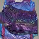 TENVDA Gymnastics Leotards for Girls 10-12 Years Old Sparkly Blue Pink Tumbling Outfit Matching Shorts Set Tank Bodysuits Purple Lines, 10-12 Years