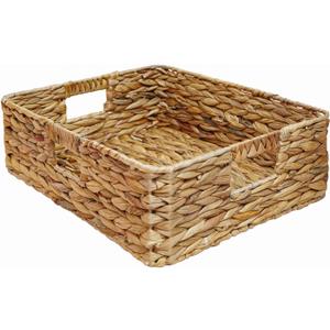 Rectangular Water Hyacinth Storage Baskets, Wicker Storage Baskets for Shelves, Square Shallow Basket, Woven Drawer Basket With Handle, 13 L x 10.6 W x 4.5 H
