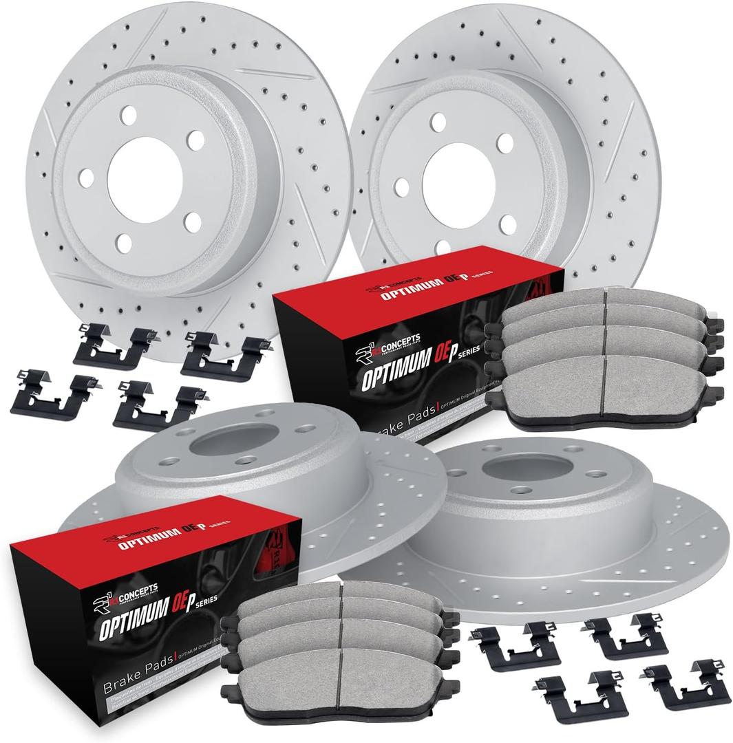 R1 Concepts Front and Rear Brakes and Rotors| Hardware Included| Front and Rear Optimum OEp Brake Pads and Rotors Kit| Fits 2008-2013 INFINITI G37; 2014-2015 INFINITI Q60; 2009 Nissan 350Z