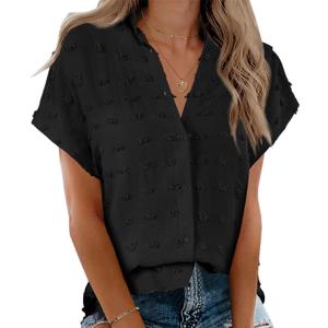 Beautife Womens Short Sleeve Shirts V Neck Collared Button Down Shirt Tops with Pockets (X-Large, Zy-black)