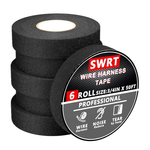 SWRT Wire Harness Tape, 3/4 Inch × 50 Feet, 5 Packs (300 Feet Total), Self-Adhesive Black Cloth Electrical Tape for Automotive Use, High Temperature Resistance Felt Tape.